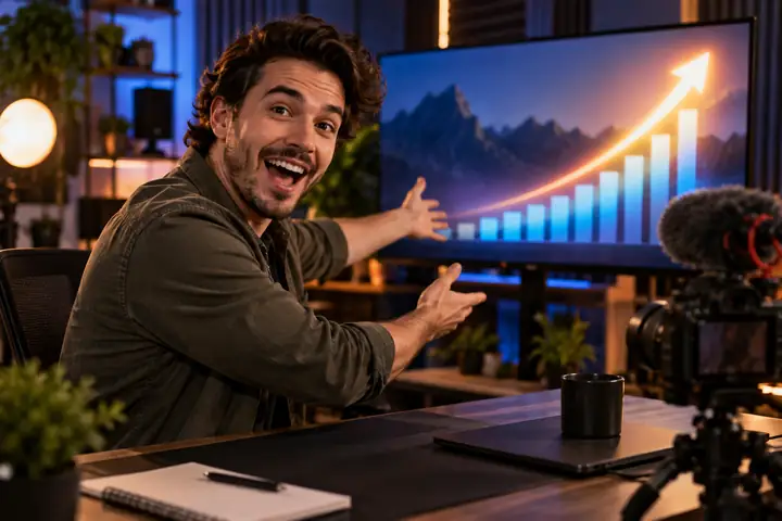 A creator in a recording studio presenting a video about the growth of a channel, framed as a polished video thumbnail