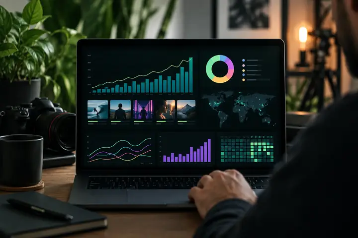 Analytics displayed on a laptop in a production workspace