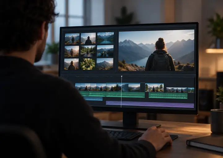 Video editing workspace with a preview, source media, and a timeline